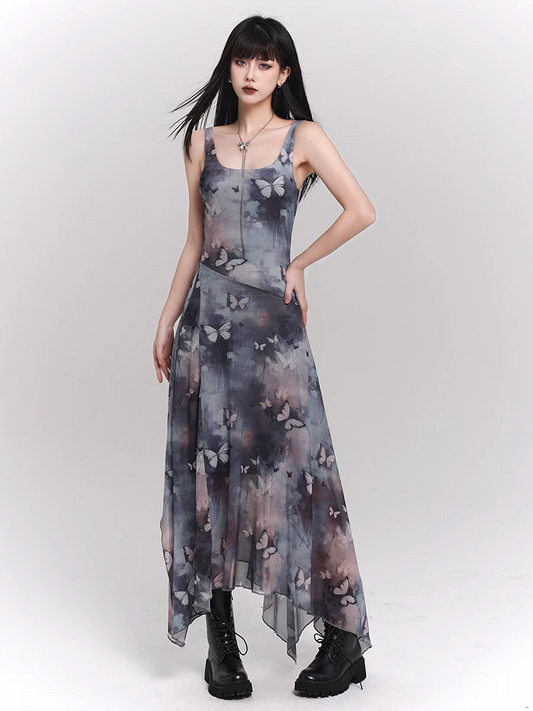 Robe sans manches à ourlet asymétrique et imprimé papillon bleu et violet
