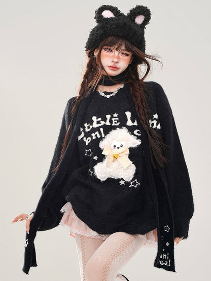 Red/Black Cute Lamb Appliques Loose Sweater with Free Scarf