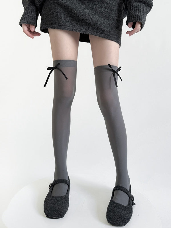 Black Stockings / Semi-sheer Accents Bow Gray JK White
