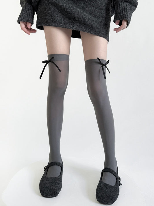 Black Stockings / Semi-sheer Accents Bow Gray JK White