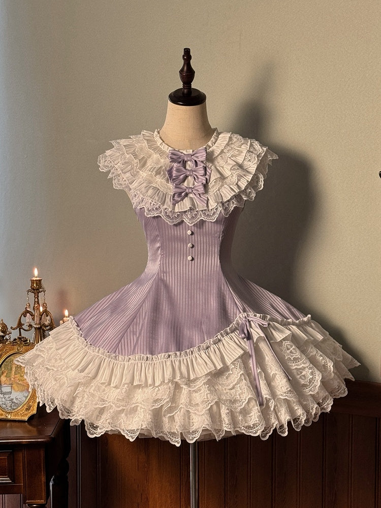 Purple Striped Fabric Slim Fit Waist White Layered Ruffle Neck Sweet Lolita Sleeveless Dress