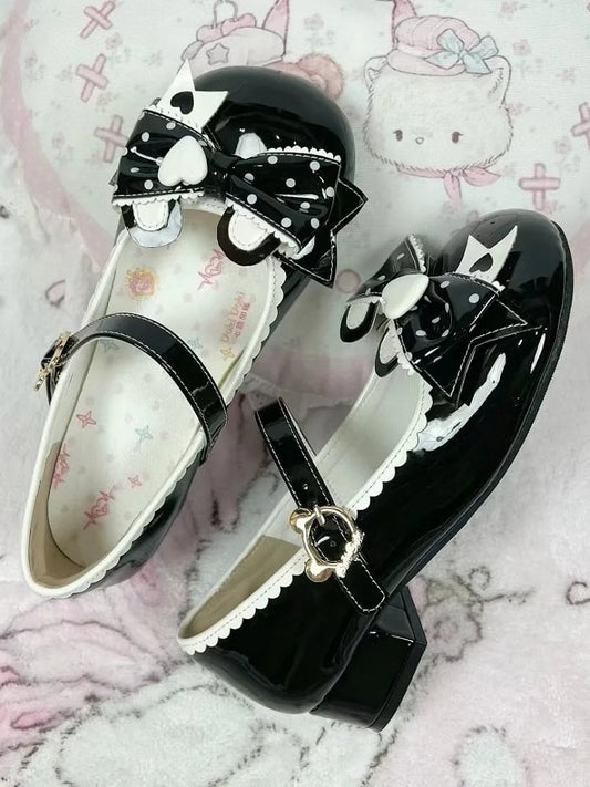 Print Black Bear Lolita Bow Low Dot Ear - Fastener Leather PU Heels
