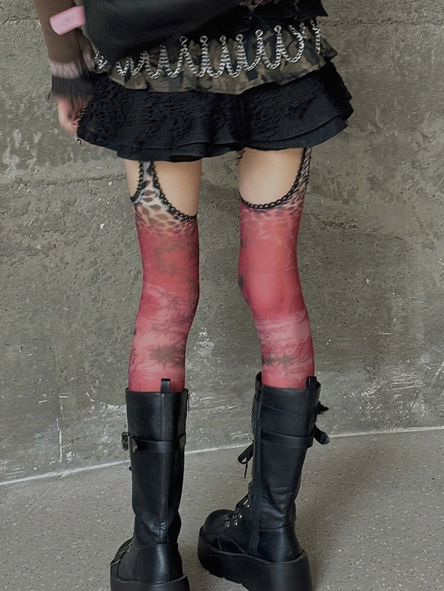 Collants porte-jarretelles à imprimé léopard Red Star et bordure en dentelle