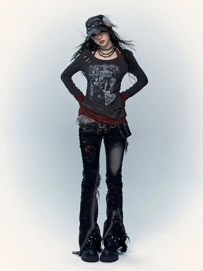 Black Split Cuffs Distressed Flared Jeans with Lace-up