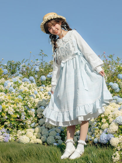 Robe Mori Kei brodée de papillons à carreaux bleus et blancs, style Alice au pays des merveilles
