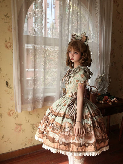 Puppy and Biscuit Green Sweet Lolita Short Sleeves Dress