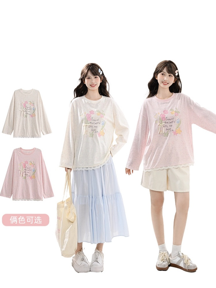 Round Sweet Floral Print Lace Trim Biege/Pink Neck Top