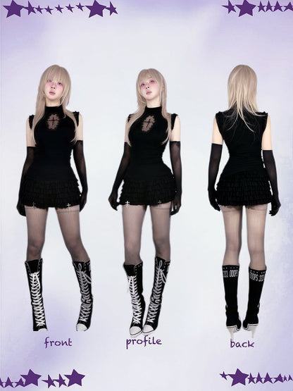 Kreuz Charms Tiered Rüschen Skort Taille Schwarz Elastisch