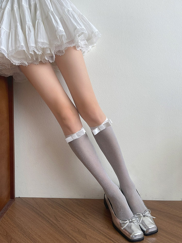 Grey/Black Underknee Details Bowknot Stockings Semi-sheer Light