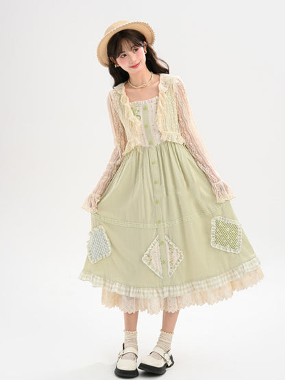 Beige Ruffled Trim Open Placket Lace Top
