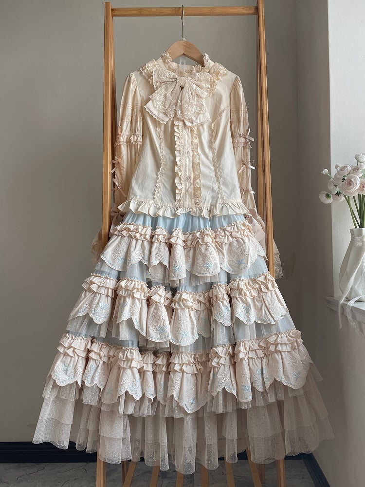 Blue Bunny Layered Embroidered Scallop Trim Hem Lolita Skirt