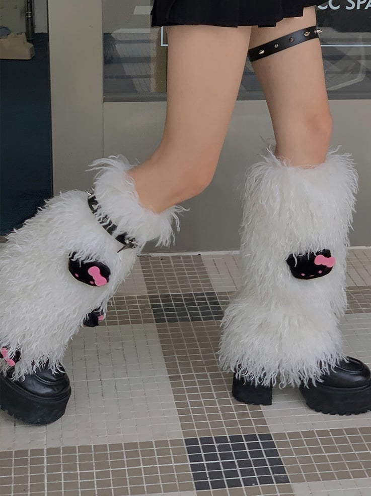 White/Pink/Coffee Stud Shaggy Leg Warmers With Kitty Plushie