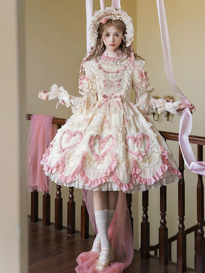 Rosette Embroidery Floral and Bead Chain Details Beige Gorgeous Hanayome Lolita Dress