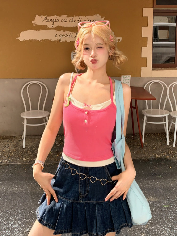 Pink Guava Applique Self-tie Halter Neck Top Faux Two-pieces