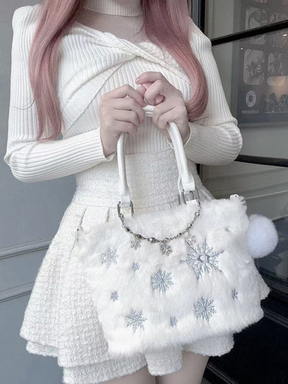 / Rhinestone Chain with Blue Tote Bag Light Beaded Chain Snowflake Embroidery Plush