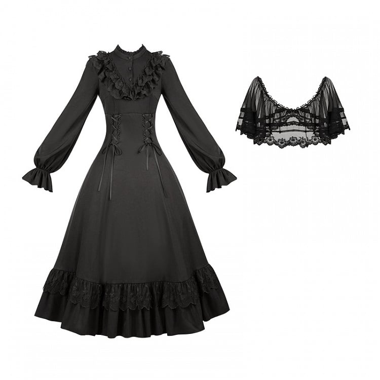 Neckline Lace-up Ruffle with Lolita Dress Shawl Detachable Waist Black Elegant
