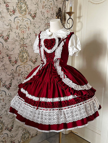 Abnehmbarer gepolsterter Herzpullover für die Schule, alter Lolita-Rock, rotes Kleid-Mieder