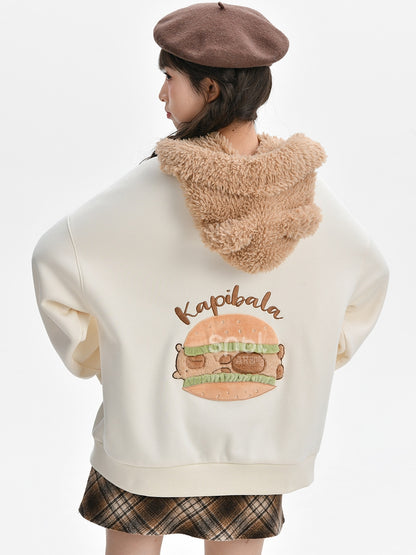 Cute Capybara Burger Applique Beige Thick Sweatshirt