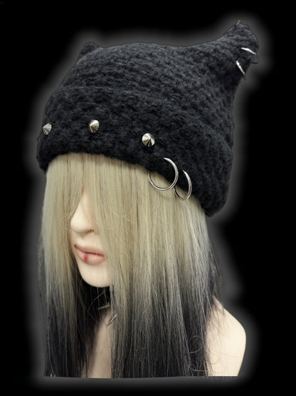 Black Punk Rock Studs at Ears Beanie