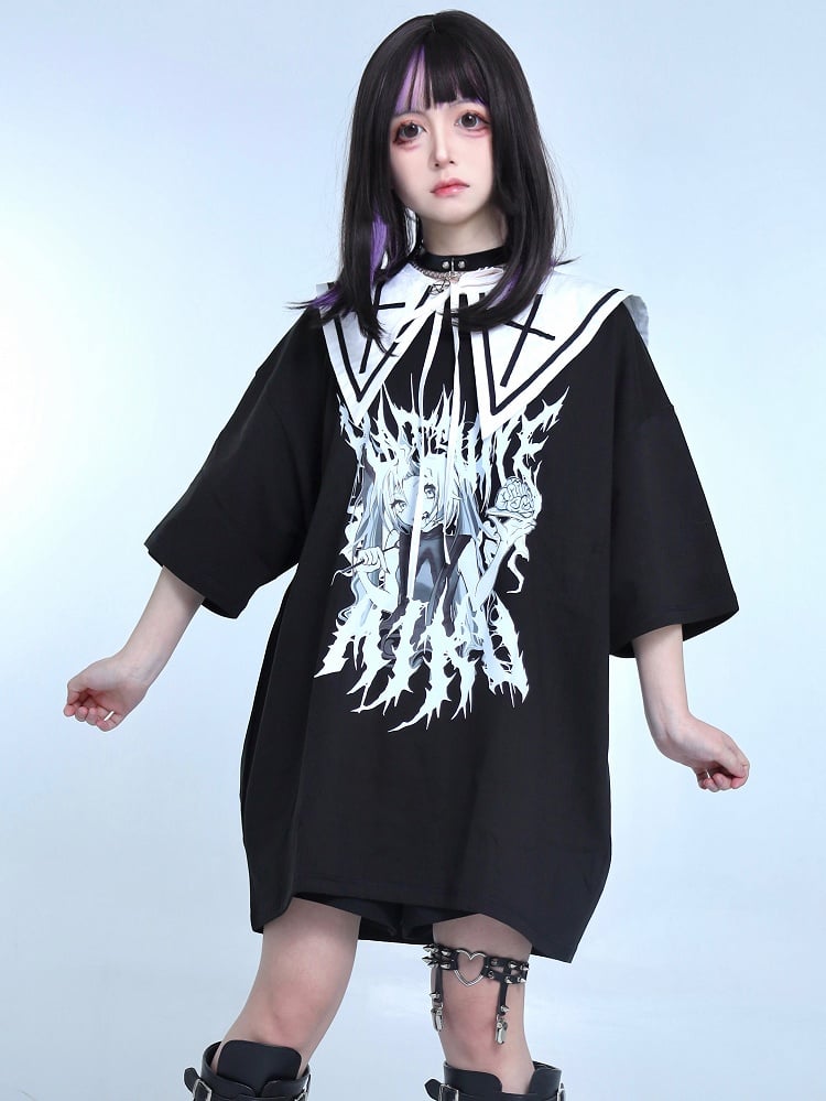 Kei Cartoon Mädchen Print Schwarzes T-Shirt Jirai Rundhals