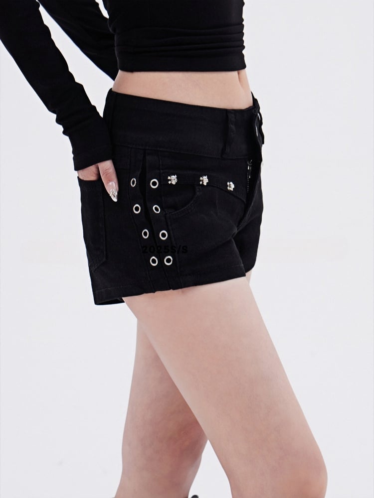 Y2K Studded Glamorous Waist Denim Shorts Black Low