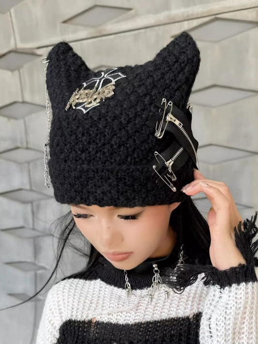 Black Y2K Punk Cross Knit Hat