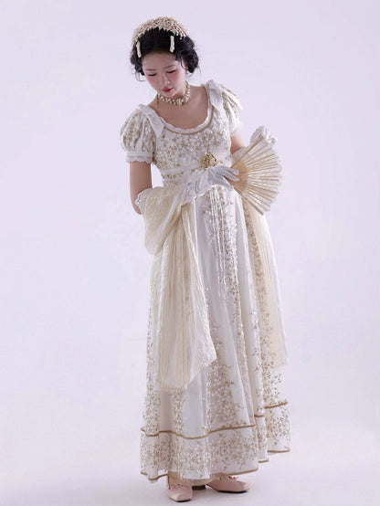 White Empire Waist Regency Elegant Lolita Maxi Dress Ankle Length Version