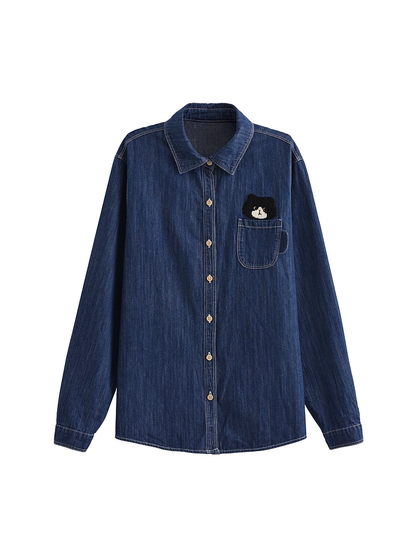Kitty Dark Blue Faded Wash Denim Shirt Cute Embroidery