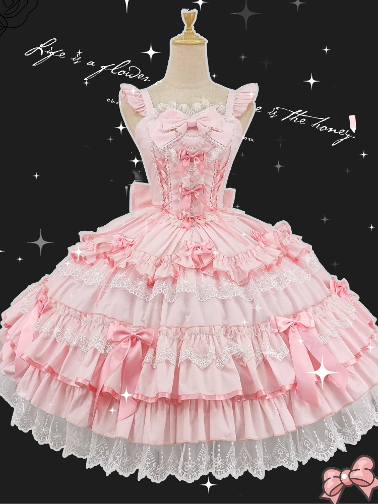 Skirt Sleeves Jumper Old School Lolita Cotton Flutter Pink Dress Lace-up Waist Lace Trim
