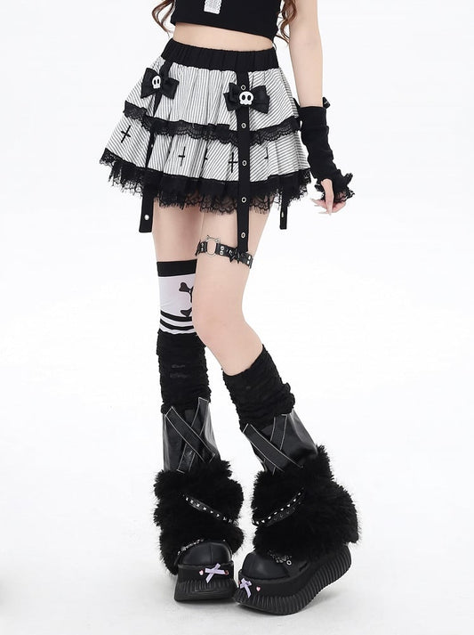 with Tiered Skirt Bow Skeleton Lined White Stripes Lace Trim Punk