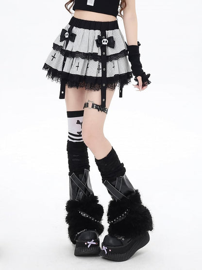 Skeleton Clips with White Stripes Lace Trim Punk Bow Lined Tiered Skirt