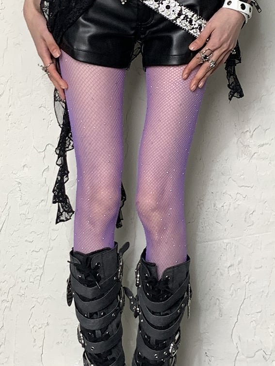 Fishnet Purple Tights Y2K Rhinestone