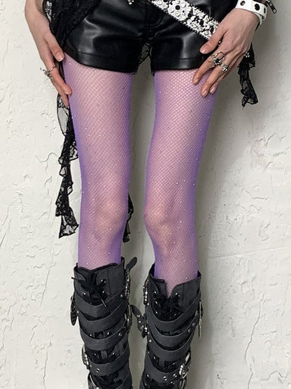 Fishnet Purple Tights Y2K Rhinestone