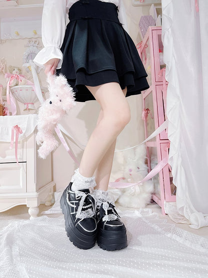 Jirai Kei Black Rhinestone Platform Shoes with Detachable Beaded Chain
