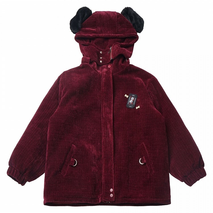 Wine Red High Neck Puppy Ear  Hooded Coat