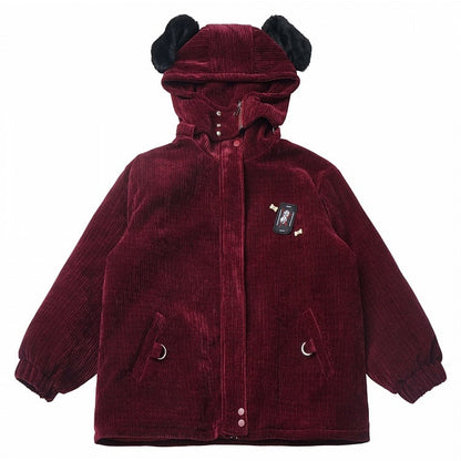 Wine Red High Neck Puppy Ear  Hooded Coat