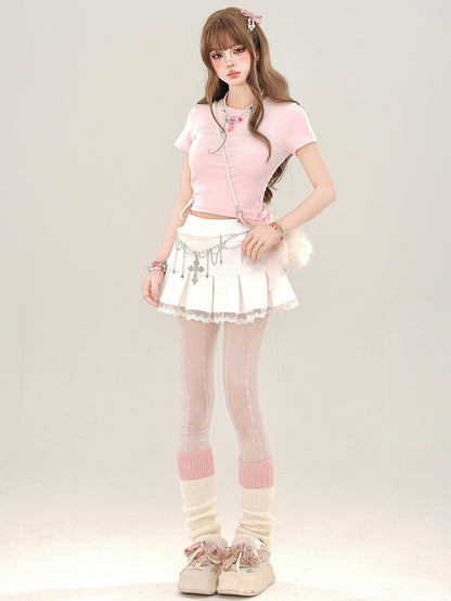 Pleat Mini Lace Apricot Box Skirt Trim