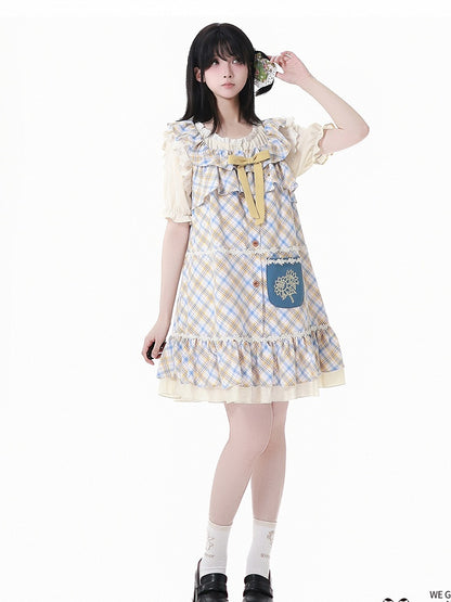 Beige Lace Trim Short Sleeves Semi-sheer Blouse