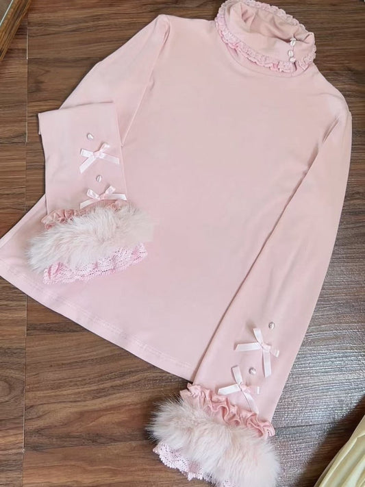 Lace Pink Autumn Turtleneck with Top Winter and Cuffs Fur-Trimmed