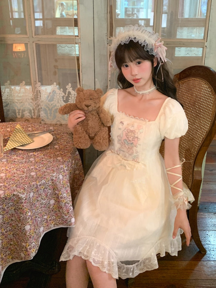 Sweet Fairy Tale Print Apricot Square Puff Short Casual Bow Big Lolita Dress Waist Neckline Sleeves and