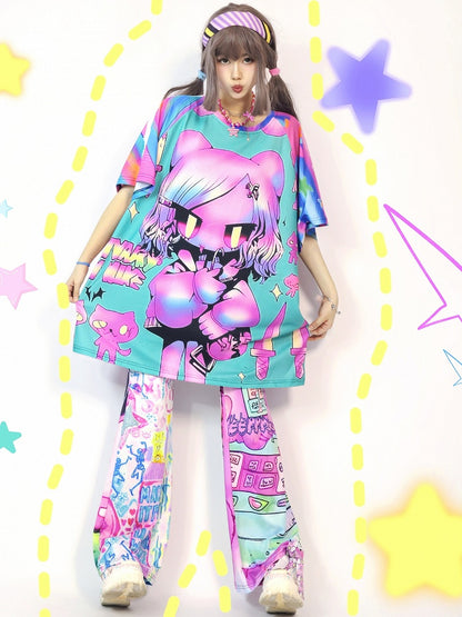 Gyaru Colorful Cartoon Short Striped Fashion Pattern Print Sleeve T-Shirt
