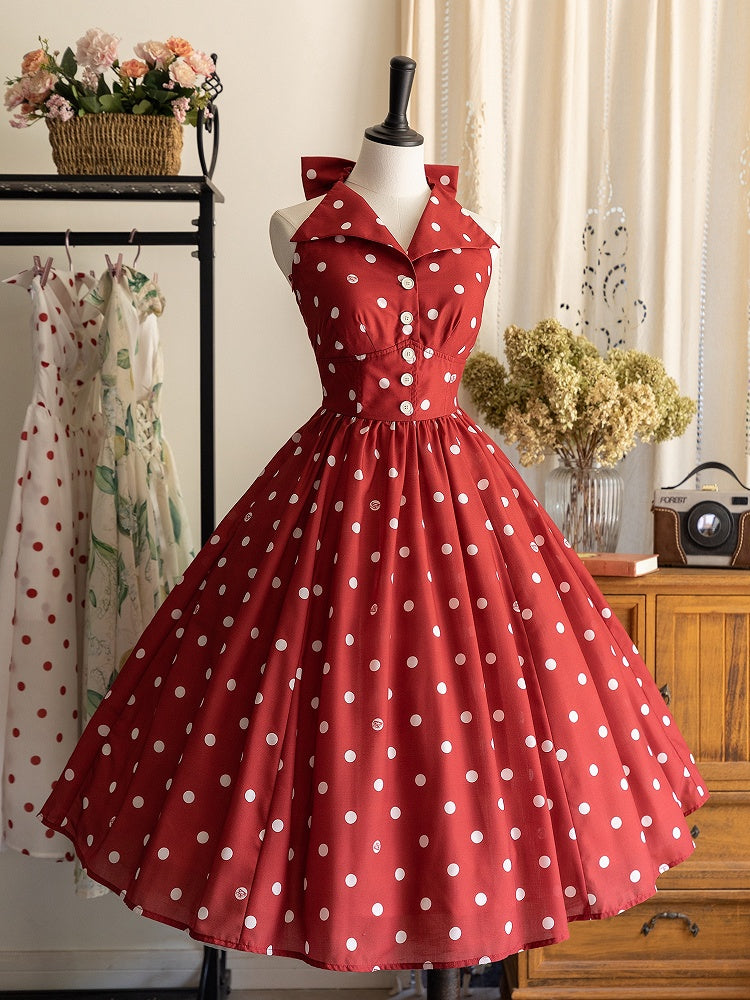 Polka Backless Halter Dots Red Dress Pattern Fashion Back Neck Print Big Retro Bow