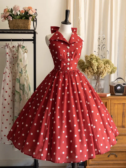 Fashion Bow Halter Polka Retro Back Print Dress Pattern Neck Red Dots Backless Big