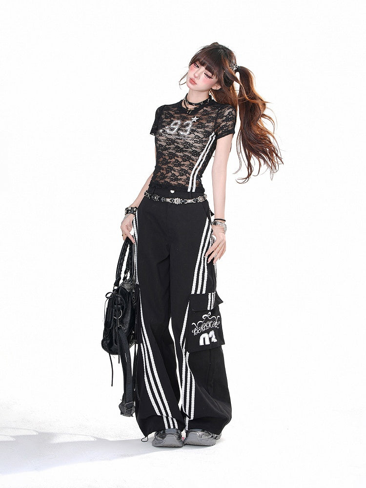 Black & White Cargo Pockets Wide-leg Loose Pants