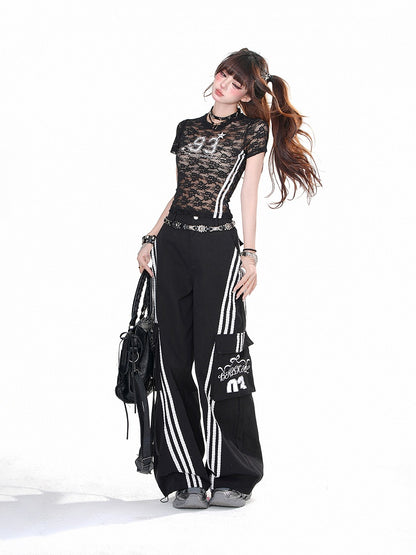 Black & White Cargo Pockets Wide-leg Loose Pants