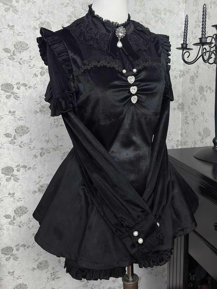 Black Jirai Kei Set Lace Patches Velvet Landmine Style Dress + Bow Tie + Ruffle Cuffs Shorts