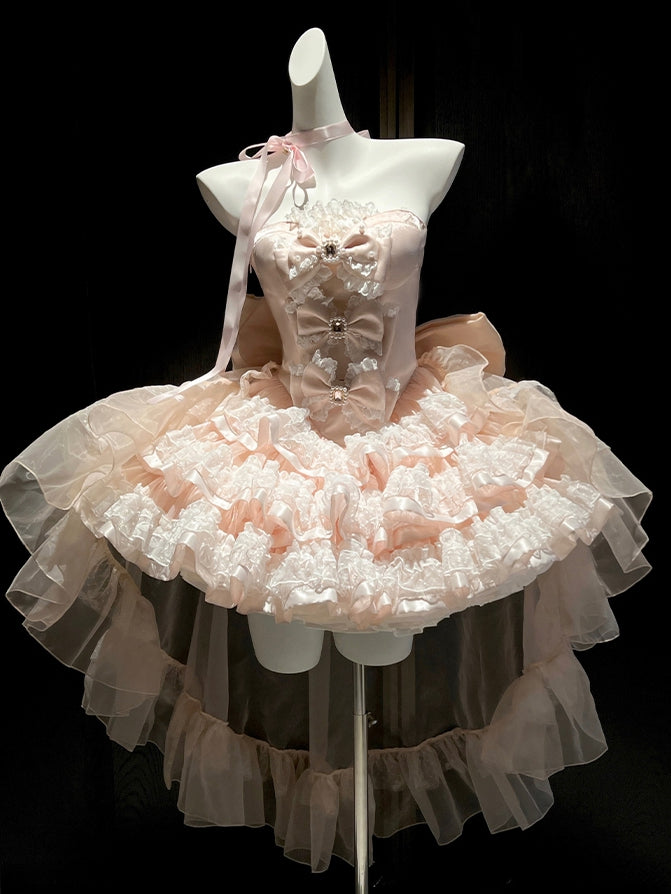 Robe bustier princesse d'anniversaire avec corsage décoré de nœuds roses et jupe superposée