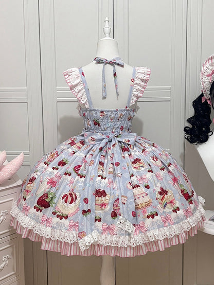 Sweet Skirt and Jumper Bows Blue Dessert Lolita Strawberry Print