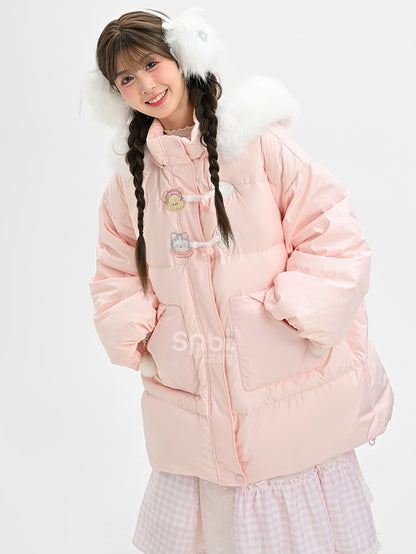 Pink Cute Bear and Kitty Plush Trim Hooded Down Coat