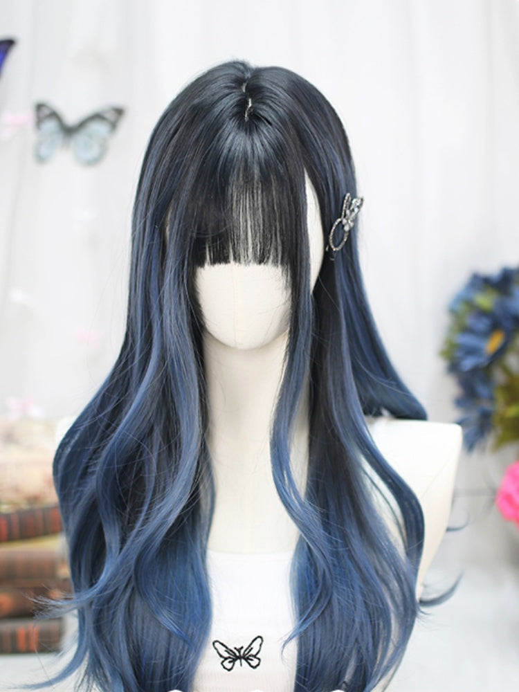 Blue and Black Highlight Under Bust Length Wavy Wig with Air Bangs